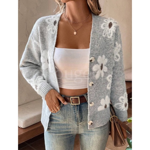 Grey Cardigan Knit Flower Textured Button Front - Picture 5 of 9